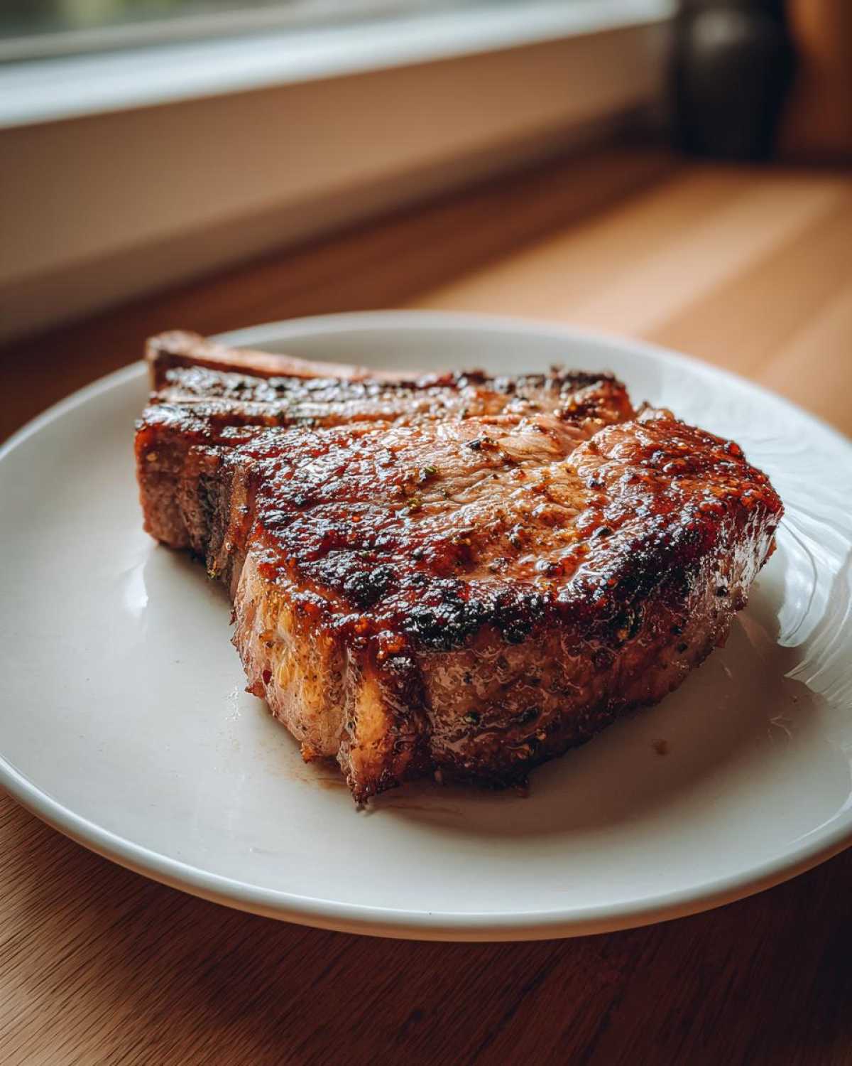 A thick, beautifully seared Vietnamese Lemongrass Pork Chop resting on a white plate.