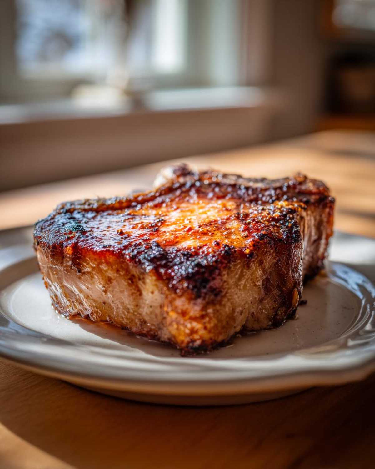Close-up of a thick, caramelized Vietnamese Lemongrass Pork Chop resting on a light-colored plate.