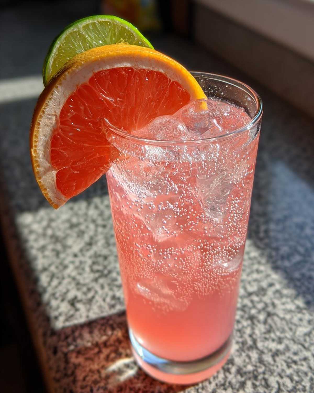 Close-up of a bubbly Virgin Paloma Grapefruit Spritz garnished with grapefruit and lime slices.