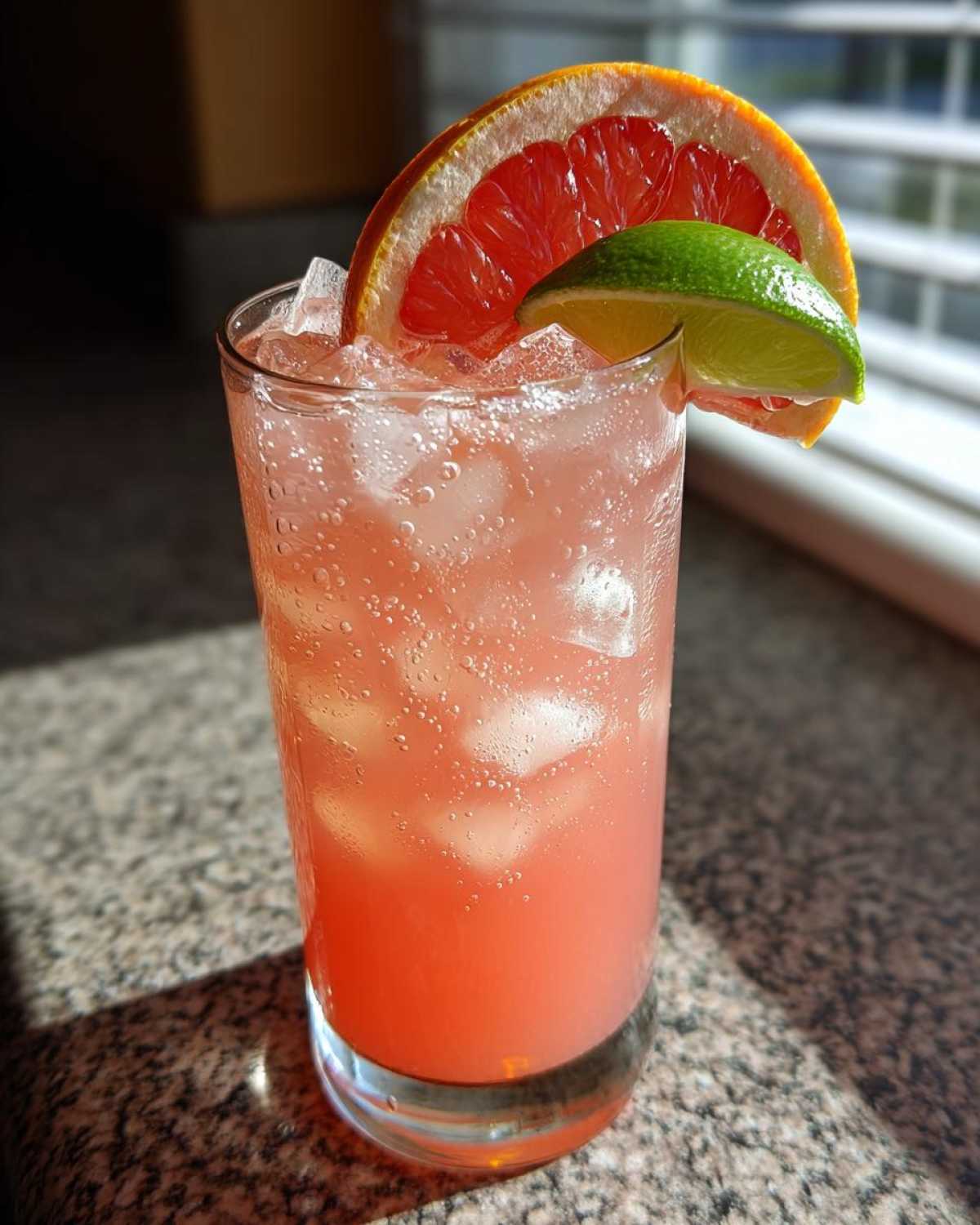 A tall glass filled with a pink Virgin Paloma Grapefruit Spritz, ice, and garnished with a grapefruit slice and lime wedge.