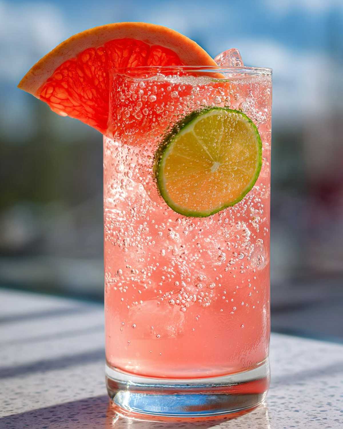 Close-up of a fizzy pink Virgin Paloma Grapefruit Spritz garnished with a grapefruit slice and lime wheel.