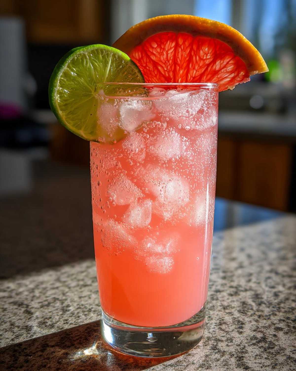 A tall glass filled with a pink Virgin Paloma Grapefruit Spritz, ice, and garnished with lime and grapefruit slices.