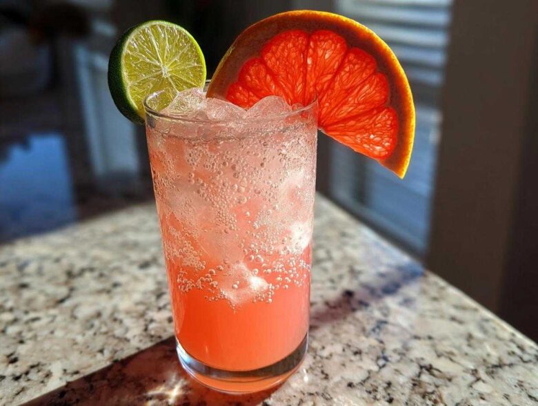 A tall glass filled with a fizzy, pink Virgin Paloma Grapefruit Spritz, garnished with a lime wheel and a slice of ruby red grapefruit.