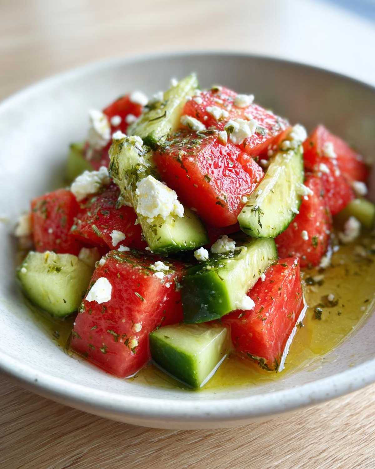 Close-up of a vibrant salad featuring chunks of watermelon, cucumber, and crumbled feta cheese, dressed in a light vinaigrette, reminiscent of a Tomato Cucumber Feta Salad.